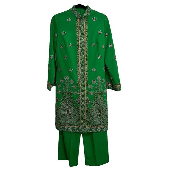 ALFRED SHAHEEN VTG 60s Tunic Dress Pantsuit Hawaii USA Brady Bunch‎ Mom Green 12